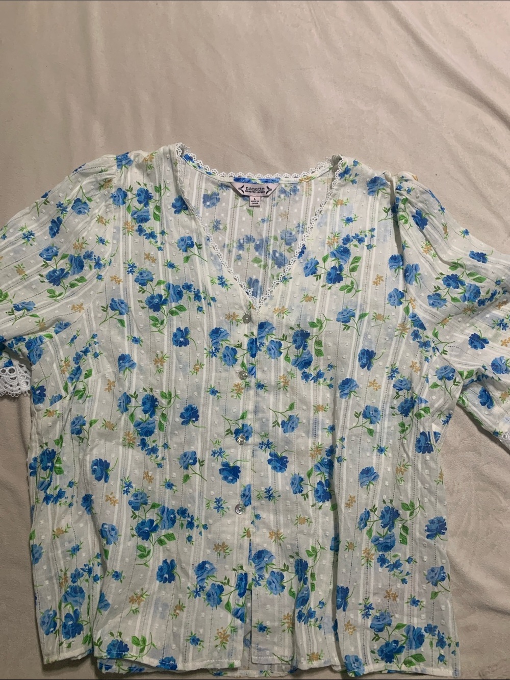 Nannette White Blouse with Blue Floral Print and Lace Trim